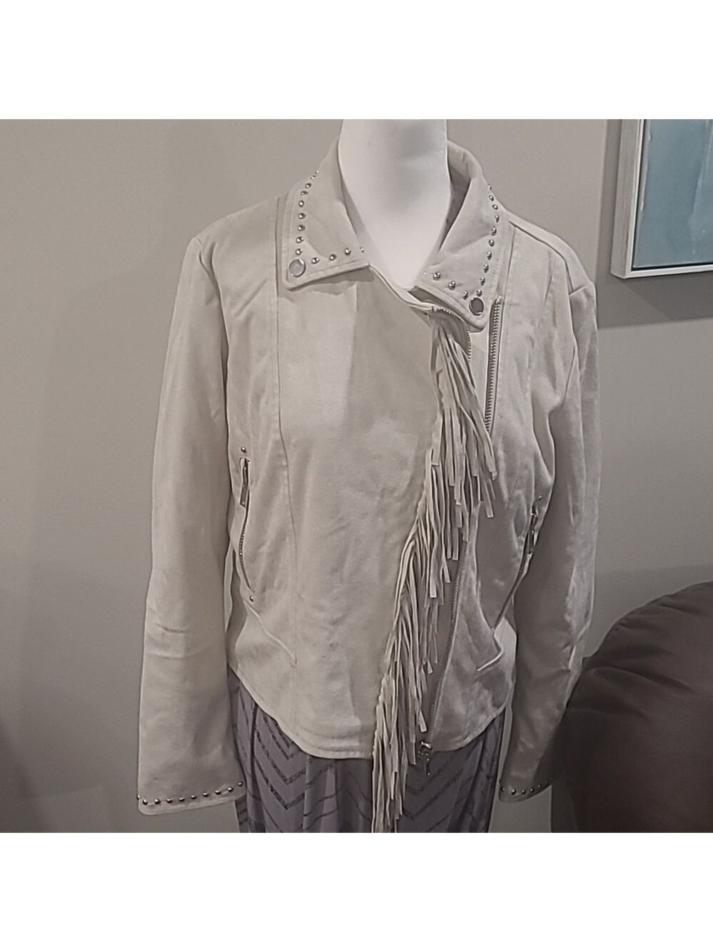MANGO NEW CROPPED FRINGED STUDDED SUEDE JACKET MEDIUM